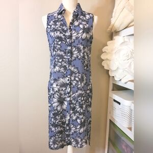 Button down sleeveless floral collared long length tunic blouse / dress